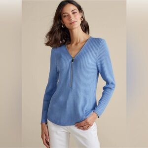 Soft Surroundings Essential Valentina Ribbed Sweater Blue Bonnet S Small‎ Zip